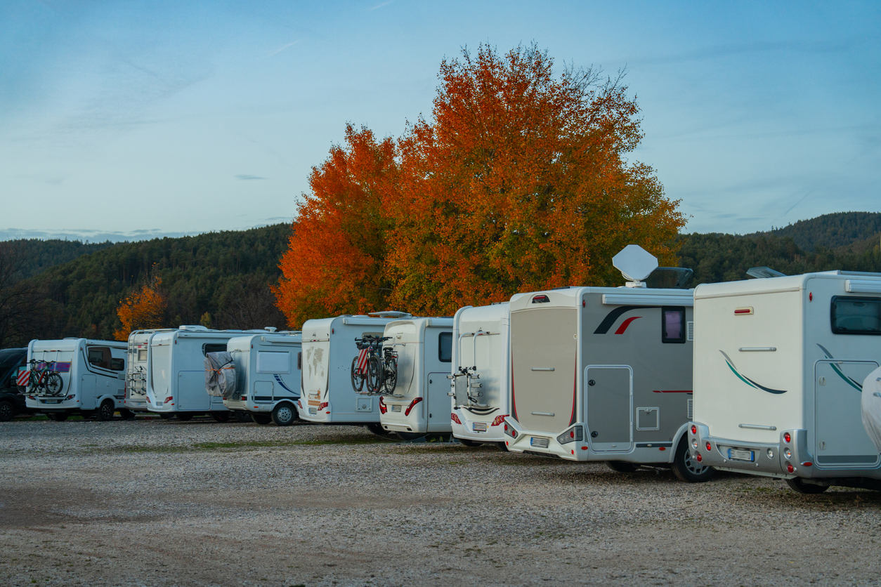 Caravan camping in mountains in autumn