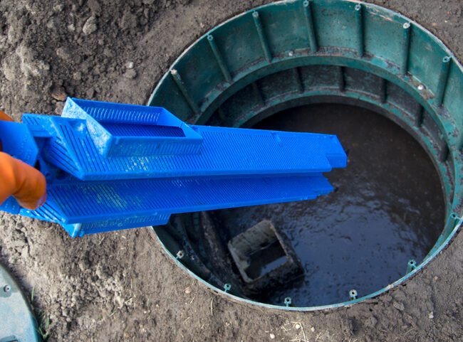 A residential septic tank outlet filter screen being installed after inspection and cleaning.